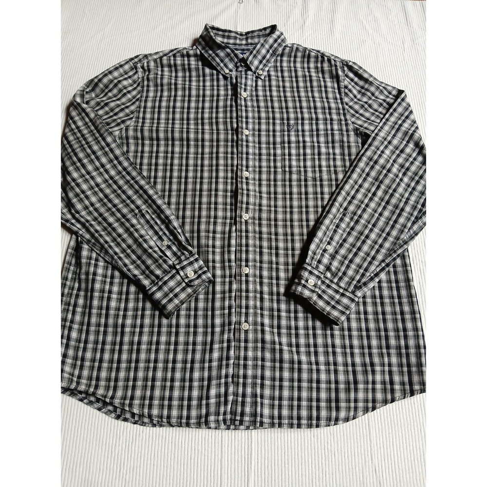 Chaps Mens XL Long Sleeve Button Down Shirt Plaid Black White Grey Easy Care
